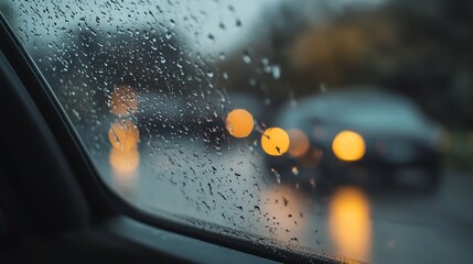 Poster - Close up view of raindrops on a car window with blurred street lights reflecting in the background during a rainy day : Generative AI