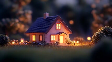 Poster - Charming miniature house with warm lights glowing at dusk surrounded by lush greenery and soft lighting : Generative AI