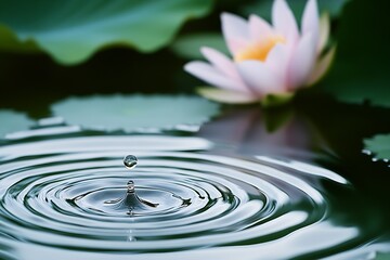 Poster - Captivating view of a water droplet causing ripples around a soft pink lotus flower on a pond : Generative AI