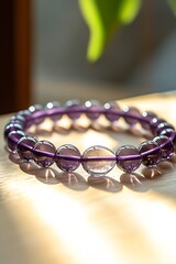 Poster - Stunning Amethyst Beaded Bracelet Glowing Under Natural Light on Wooden Surface : Generative AI