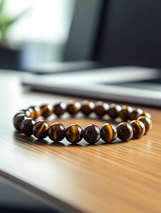 Poster - Exquisite tiger eye bead bracelet positioned on a smooth wooden surface capturing the light beautifully : Generative AI