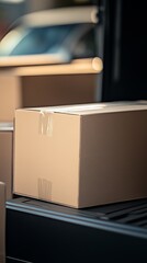 Aufkleber - Cardboard box filled with content ready for cargo transportation in a delivery truck : Generative AI
