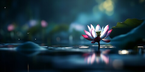 Poster - A captivating lotus flower gracefully standing above still waters illuminated by gentle rays of light : Generative AI