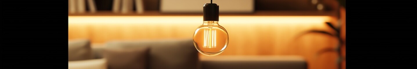Poster - Close-up of modern light bulb hanging in contemporary living room with warm golden tones and stylish decor : Generative AI