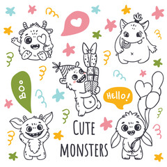 Wall Mural - set of cartoon monsters. cute monsters in doodle style. kids funny character design for posters, car