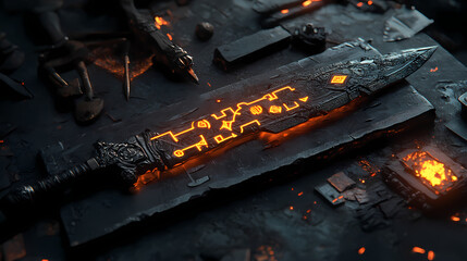 Wall Mural - a dark and moody depiction of an ancient weapon being upgraded with glowing runes and blacksmith too