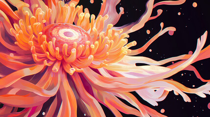 Wall Mural - close up of a vibrant, light orange and pink sea anemone, tentacles spreading outward against a dark