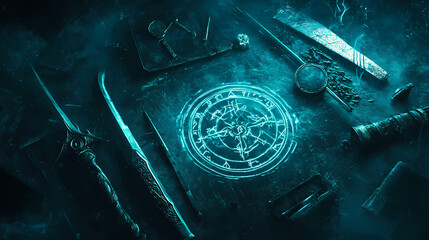 Wall Mural - a dark and moody depiction of an ancient weapon being upgraded with glowing runes and blacksmith too