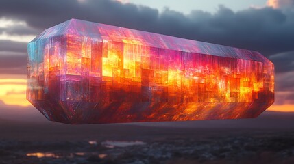 A mysterious floating monolith, composed of shifting iridescent tiles, constantly rearranging into intricate abstract patterns, radiating deep cosmic energy.