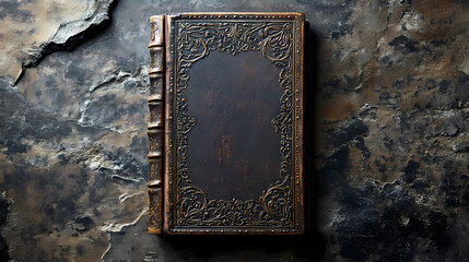 Wall Mural - Antique leather bound book with ornate cover on stone background evokes history and literature. Bound Grimoire. Illustration