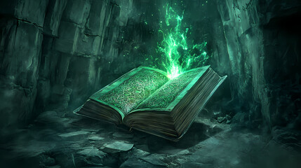 Wall Mural - enchanted book unleashing mystical symbols in a dark stone chamber lit with emerald light. illuminat