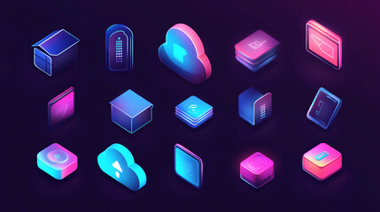 Isometric tech icons vector illustration for ui ux design and web development futuristic interface elements