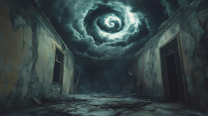 Wall Mural - A surreal scene with cracked walls and floor, a swirling vortex of dark clouds dominates the space. Forgotten Whirlpool. Illustration