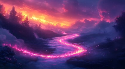 Wall Mural - a river of glowing plasma weaving through an ethereal twilight, illuminating the surrounding mist wi