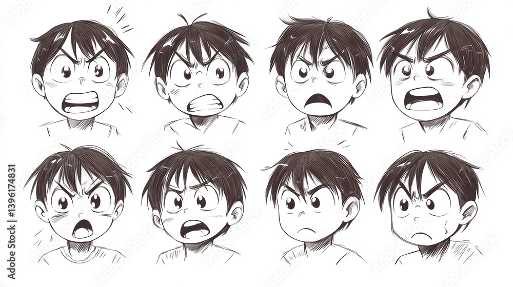 Expressions of a boy manga style character sketch sheet for drawing ...