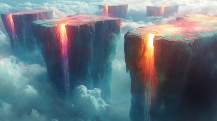Wall Mural - a surreal dreamscape of floating islands, made of liquid prism-like textures, bathed in an ambient g