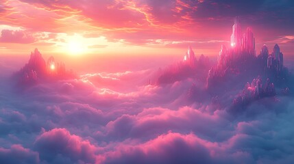 Wall Mural - a surreal dreamscape with soft, glowing mist rolling over geometric crystalline peaks, a sky filled 
