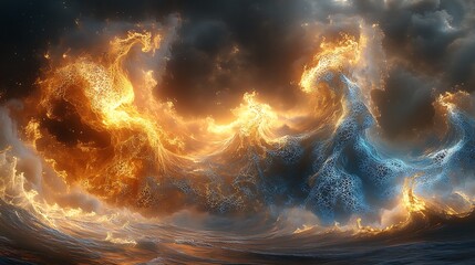 Wall Mural - a surreal fusion of molten gold and shifting electric blue waves, colliding in an endless dance of e