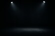© Olga Ко - Sala preta vazia com duas fontes de luz vinda de cima. Palco escuro com iluminação dramática, perfeito para apresentações ou performances