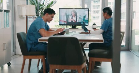 Poster - Team, video call and nurses in meeting, talking and listening to administrator with info in clinic. Monitor, screen and communication for schedule of training session, intern and people in hospital