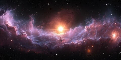 Wall Mural - Surreal Cosmic Nebula with Ethereal Gases Bright Star and Ambient Lighting Panoramic View