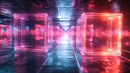 Wall Mural - an endless labyrinth of floating translucent cubes, radiating neon light in a synchronized pulsation
