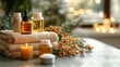 ©  Foring_Stock - Peaceful spa composition with soft towels, essential oils, and decorative candles for a sensory retreat, soothing escape.
