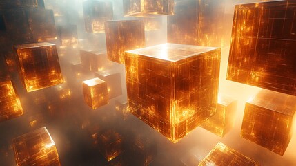 Wall Mural - an infinite labyrinth of golden, transparent cubes suspended in a weightless void, illuminated by so