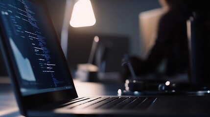 close-up view of a laptop displaying code in a dimly lit room with an out-of-focus person working in