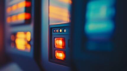 Close-up view of illuminated control buttons on a futuristic device with vibrant orange and blue light, creating a high-tech atmosphere