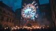 © Abdul - Giant LED countdown timer projected onto historic European clock tower crowd gathering below with sparklers the energy of anticipation in the air