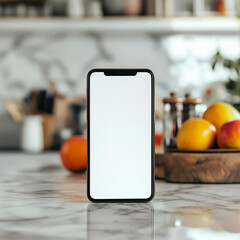 smartphone with blank screen on marble kitchen counter with fresh fruits for healthy lifestyle and f