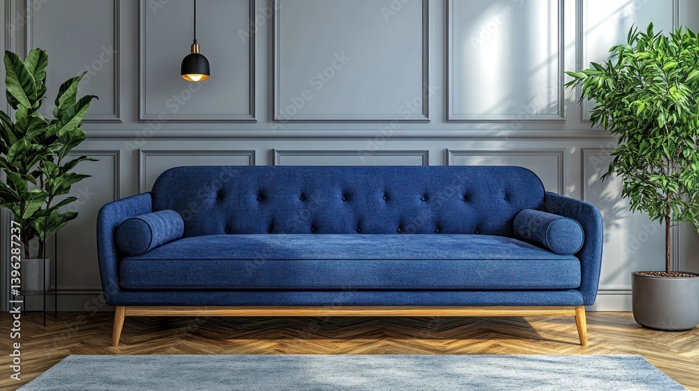 Cozy, modern living room with a plush blue sofa Stock Photo | Adobe Stock