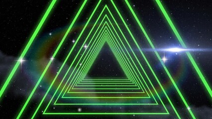 Wall Mural - animation of neon green triangles creating tunnel effect in starry space background