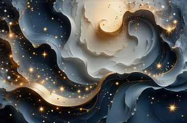 Wall Mural - abstract swirling design with blue, grey, white, and gold tones. sparkling elements add a dreamy and