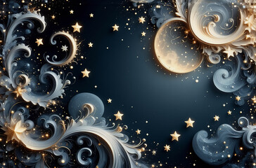 Wall Mural - elegant night sky background with a crescent moon and golden stars. ornate swirls in gold and white 