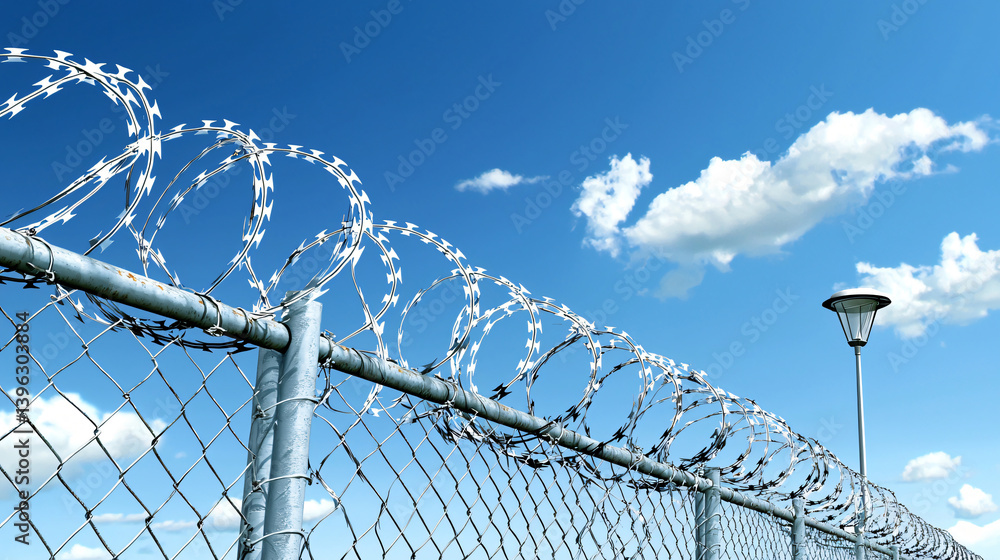 Razor Wire Fencing Against Bright Blue Sky with Light Post Metal ...