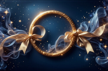 Wall Mural - golden circle frame adorned with flowing golden ribbons on a deep blue background sprinkled with spa