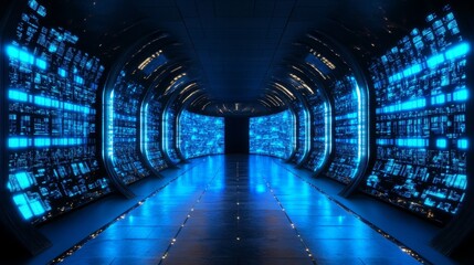 Wall Mural - Futuristic corridor glows blue. Walls are lined with tech panels, lit floor suggests advanced tech