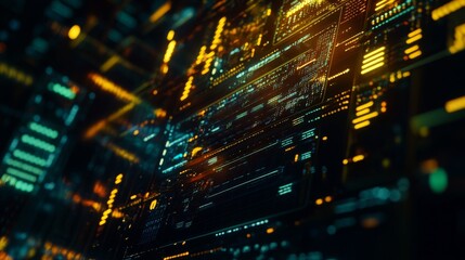 Wall Mural - Futuristic interface with vibrant blue, orange, and yellow displays data visualizations. Complex, digital grids present information