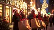 © Abdul - Magical Christmas shopping night city streets glowing holiday decorations cheerful carolers performing people carrying large gift bags