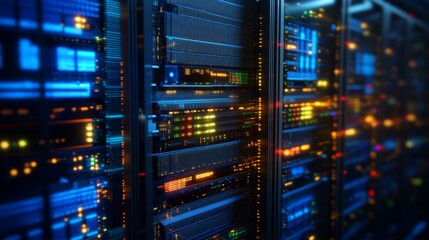 Server Room Lit servers in rows, showing network activity. Lights glow blue, yellow and orange