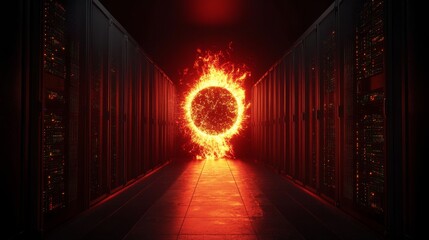 Wall Mural - Server room with a burning circle at the end, casting a red glow in the dark corridor