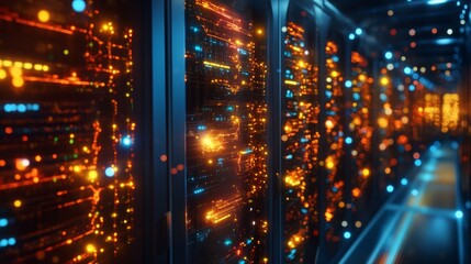 Server room with glowing lights. Data streams in blue and orange illuminate the dark, cool space