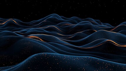 Wall Mural - wavy blue forms illuminated by golden specks against a dark backdrop create a cosmic, abstract, and 
