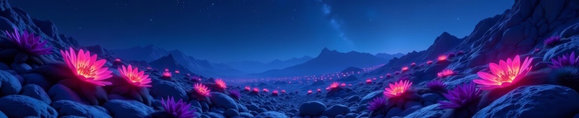 vibrant alien terrain illuminated by bioluminescent plants, starlit night sky above, night, stars