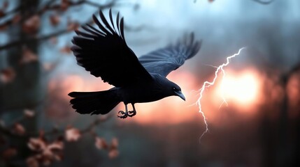 Aufkleber - Black crow in flight near a lightning strike during a dramatic sunset. The scene is set against a blurred background of tree branches and a warm, orange sky
