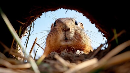 Poster - Close-up view of a small rodent, possibly a gopher, peering out of its burrow. The rodent is light brown with visible whiskers. The burrow entrance is dark and surrounded by dry grass and soil