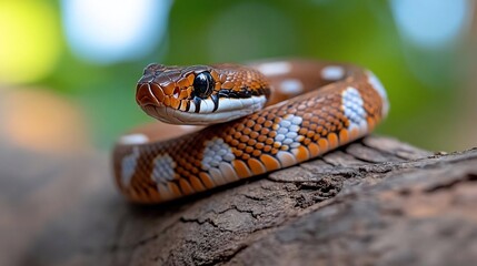 Aufkleber - Close-up of a small, orange and white snake coiled on a dark brown tree branch.  The snake has distinct markings and a curious expression. Soft, natural light illuminates the scene