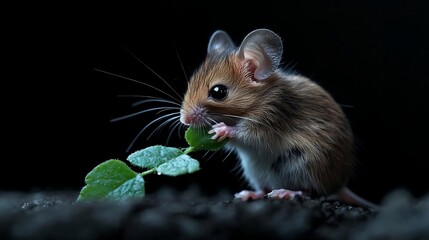 Poster - A small brown mouse sits on dark ground, delicately eating a small green leaf. The background is pure black, highlighting the mouse and leaf